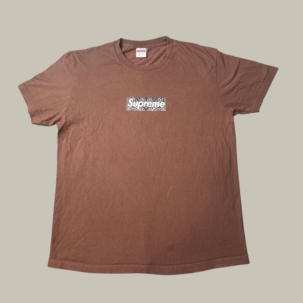 Vintage Supreme T-Shirt Mens L Bandana Box Logo Brown Graphic Short Sleeve USA